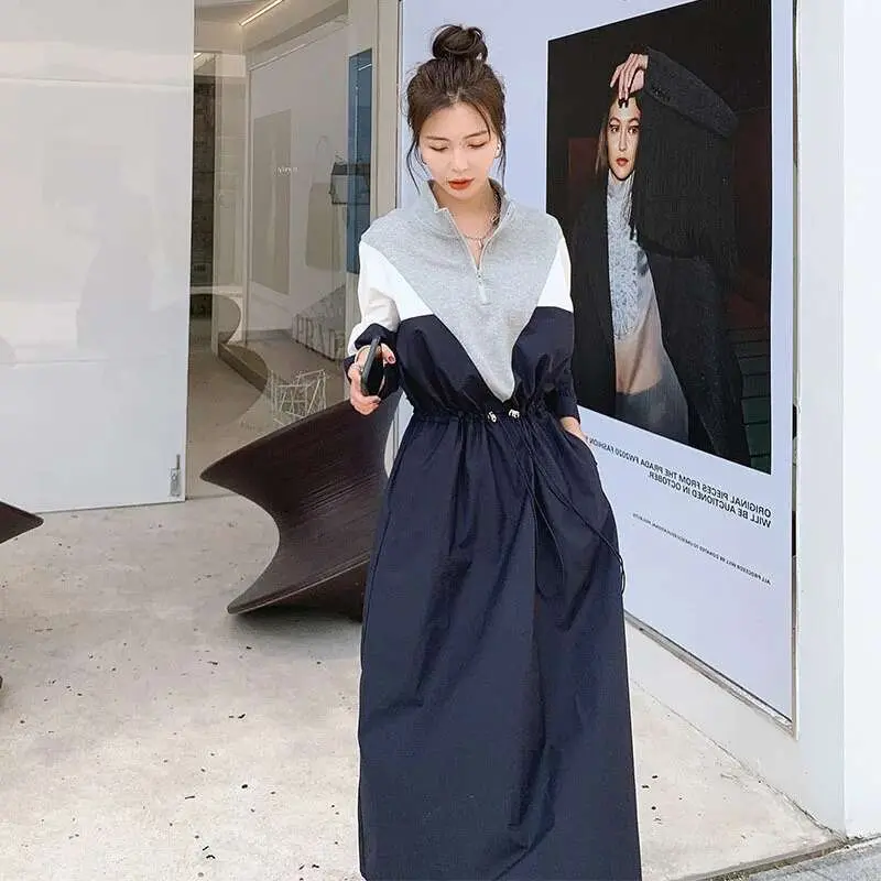 LANMREM 2025 Spring Korean Style Long-sleeved Mid-length Fashion Design Contrast Color Drawstring Stitching Dresses Female 2W144