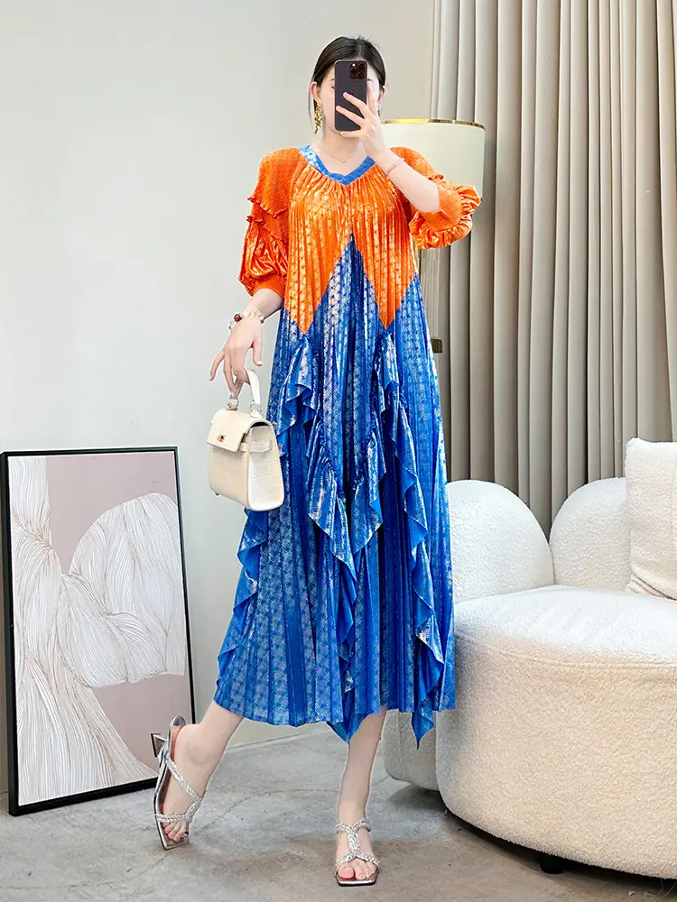 LANMREM Color-block Patchwork V Collar Summer Pleated Women's Dress Loose Ruffled Panelling‌ Design Half Sleeve Clothing 2DB3373