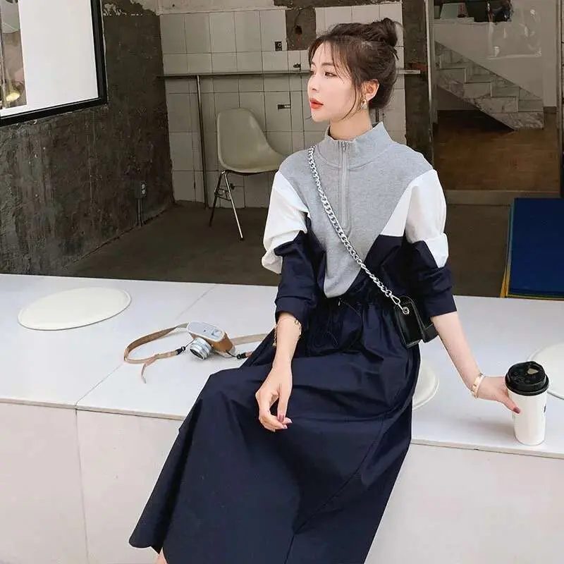 LANMREM 2025 Spring Korean Style Long-sleeved Mid-length Fashion Design Contrast Color Drawstring Stitching Dresses Female 2W144