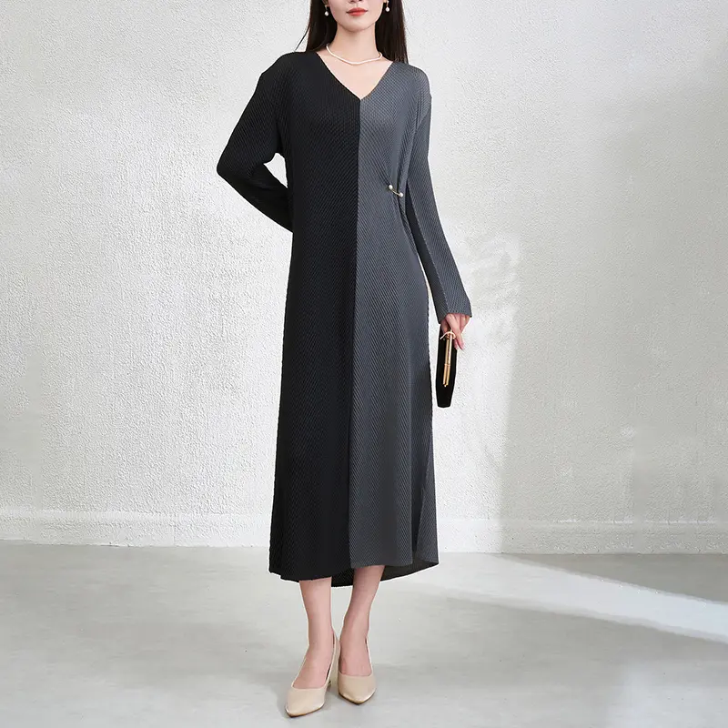 LANMREM French Style V-neck Dress For Women 2025 Autumn New Fashionable Elegant Colorblock Patchwork Long Sleeve Dresses 2DB3860