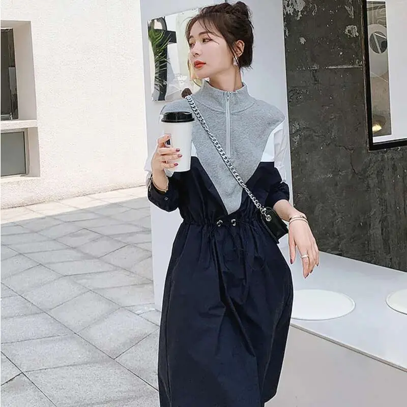 LANMREM 2025 Spring Korean Style Long-sleeved Mid-length Fashion Design Contrast Color Drawstring Stitching Dresses Female 2W144
