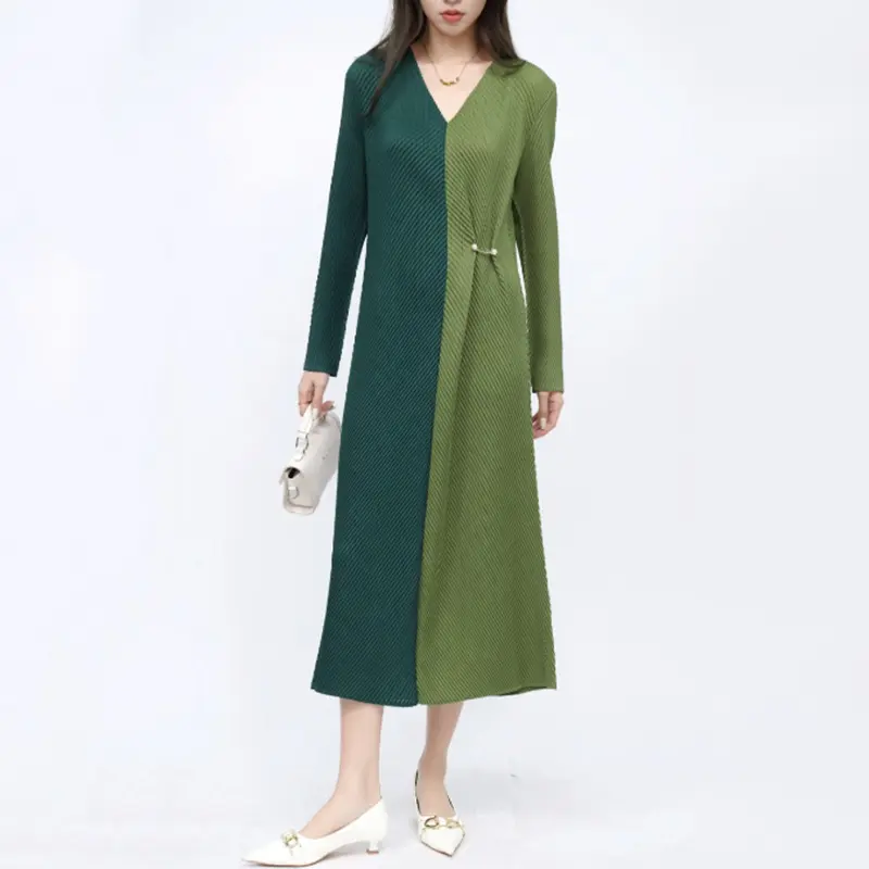 LANMREM French Style V-neck Dress For Women 2025 Autumn New Fashionable Elegant Colorblock Patchwork Long Sleeve Dresses 2DB3860