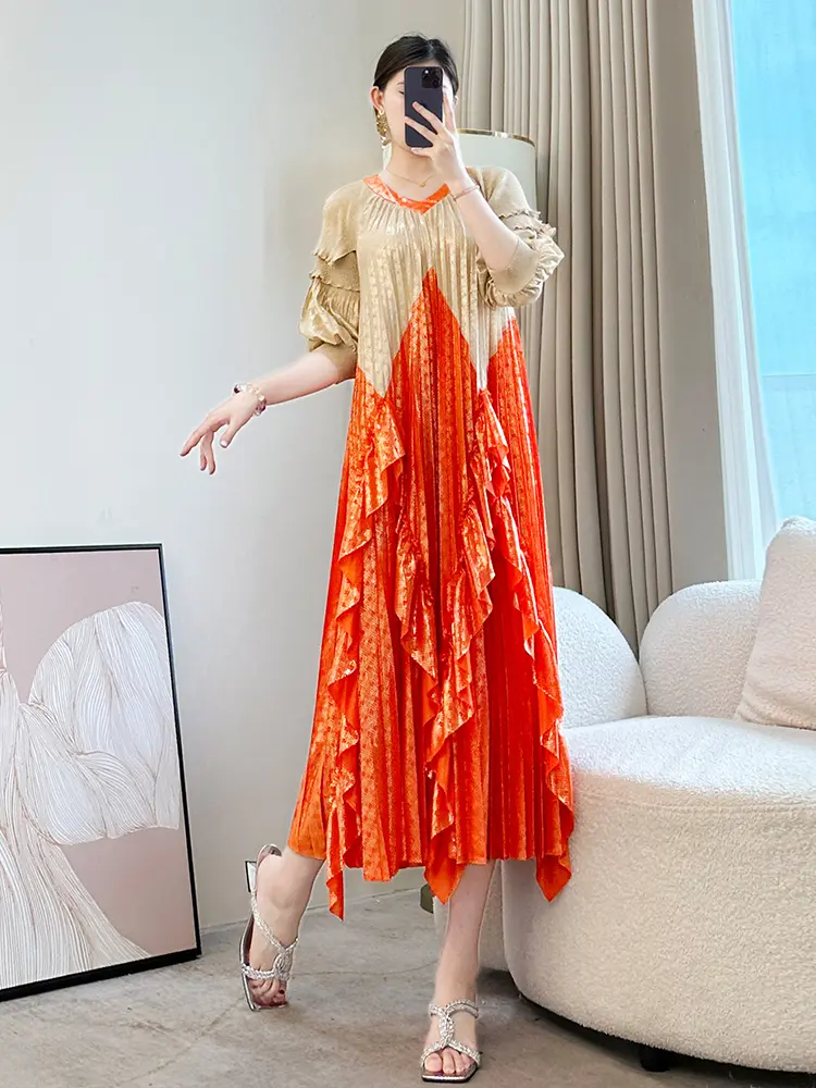 LANMREM Color-block Patchwork V Collar Summer Pleated Women's Dress Loose Ruffled Panelling‌ Design Half Sleeve Clothing 2DB3373