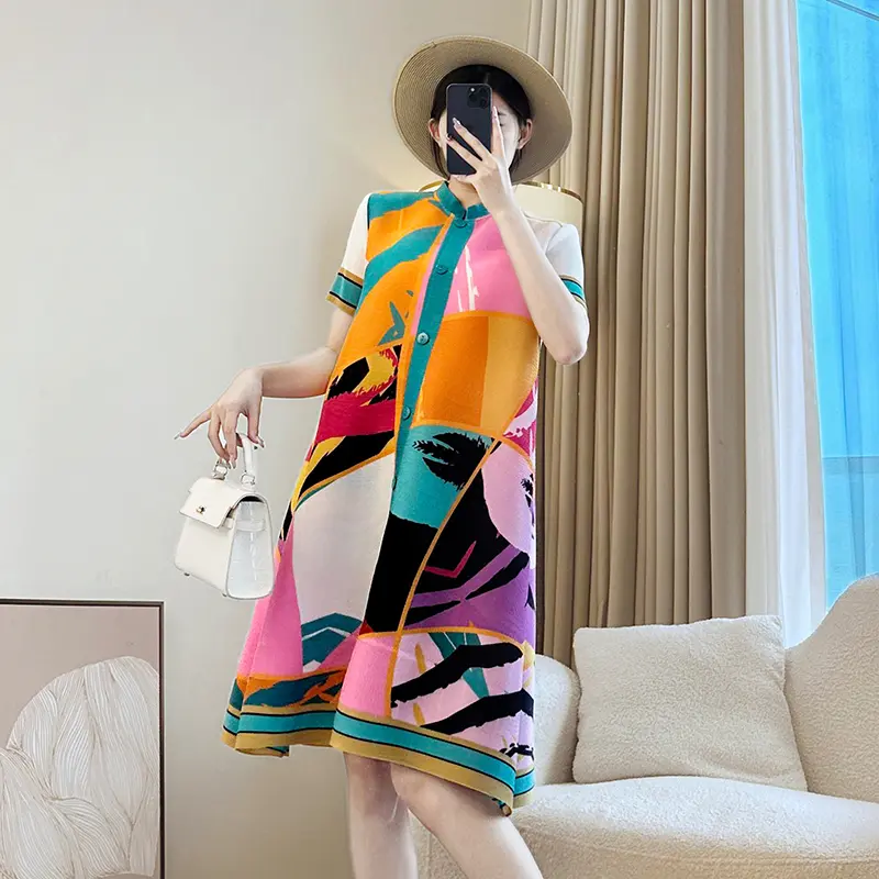 LANMREM Colorblock Print Pleated Women's Dress Summer Chic Short Sleeve Single Breasted Short Sleeve Elastic Dresses New 2DB3874