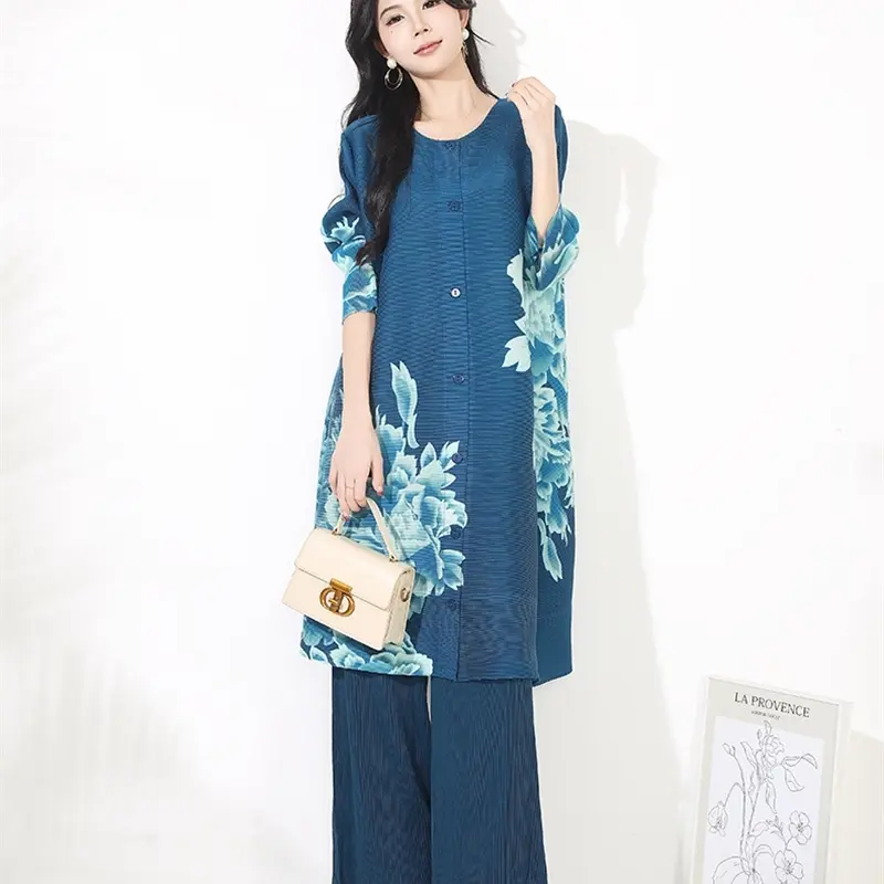 LANMREM Chic Fashion Pleated Women's Two Pieces Set 2025 Autumn New Printed Round Neck Mid-Length Top And Wide-Leg Pants 2DB4097