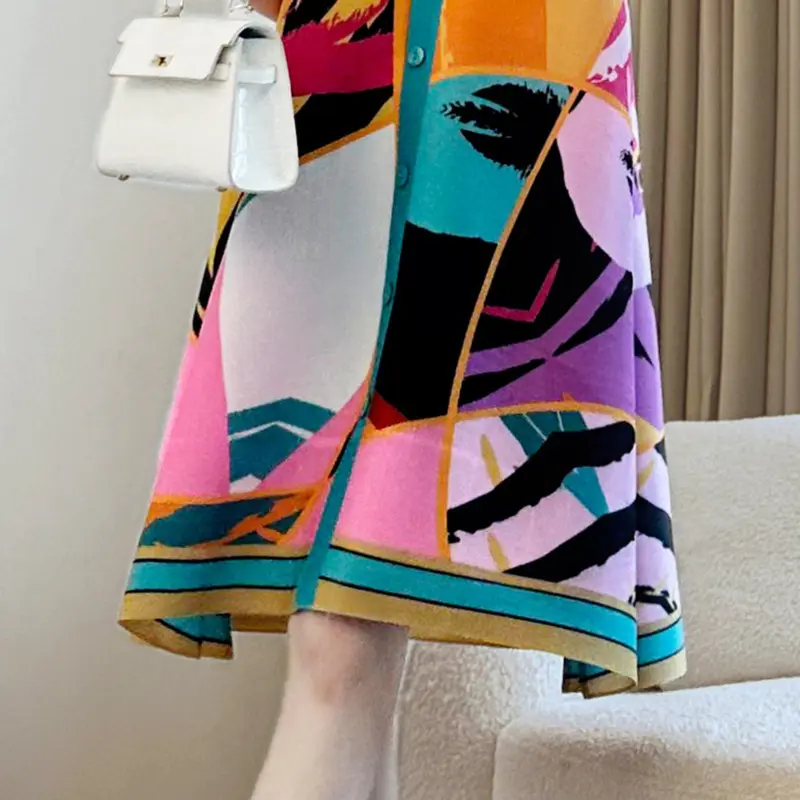 LANMREM Colorblock Print Pleated Women's Dress Summer Chic Short Sleeve Single Breasted Short Sleeve Elastic Dresses New 2DB3874