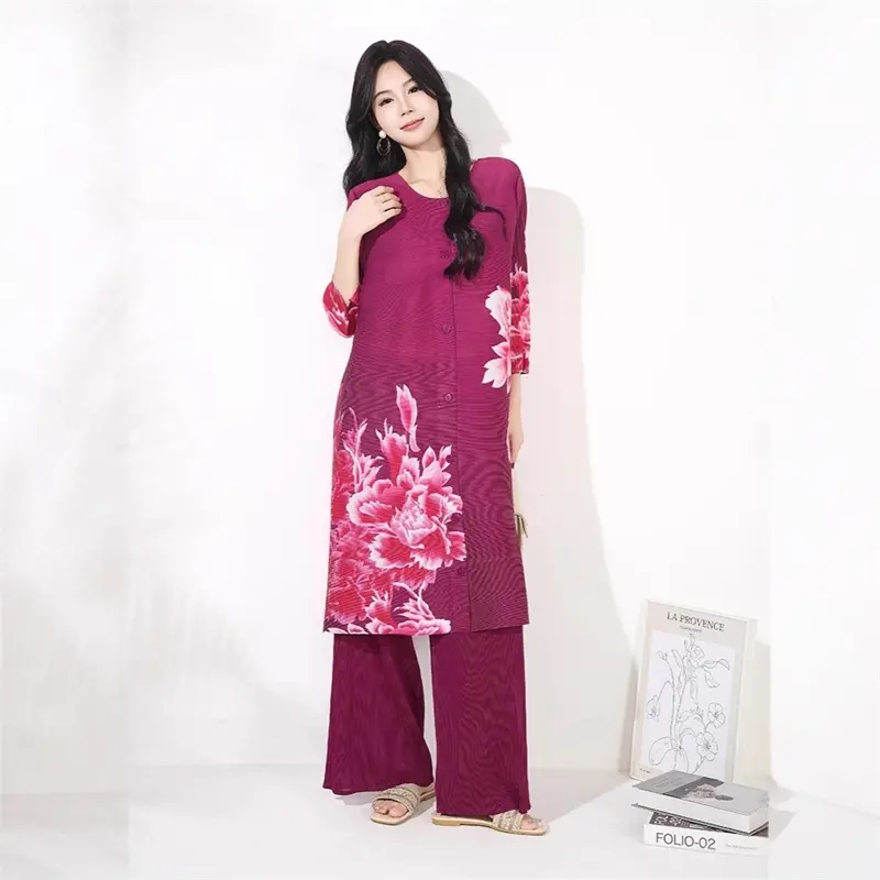 LANMREM Chic Fashion Pleated Women's Two Pieces Set 2025 Autumn New Printed Round Neck Mid-Length Top And Wide-Leg Pants 2DB4097