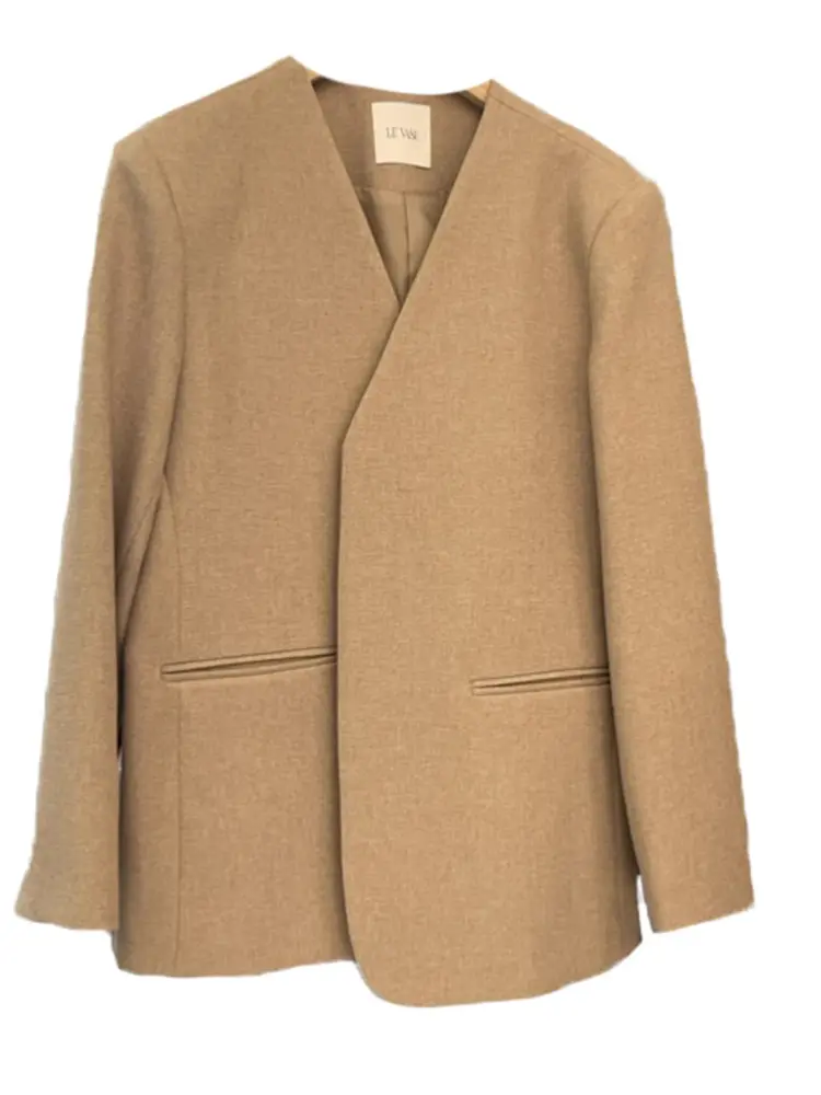 LANMREM Irregular Blazer For Women Long Sleeves V Neck Solid Color Loose Coat Office Lady Trendy Clothing 2024 New 2DA5305
