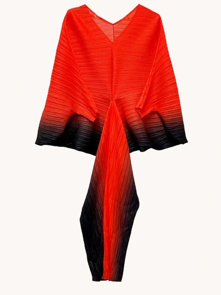 LANMREM Pleated Gradient Dress For Women V-Neck Batwing Sleeve Long Dresses 2024 Summer New Female Party Clothing 2R2209