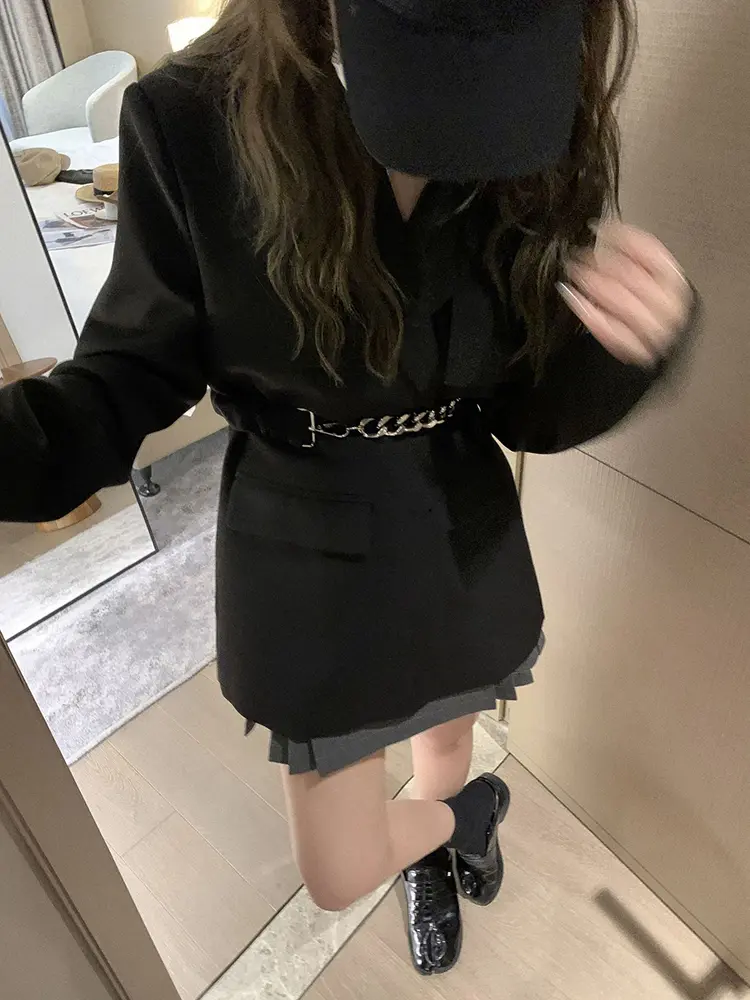 LANMREM Korean Fashion Blazer Coat For Women Single Breasted Long Sleeves Metal Belt Coats Female Clothing 2025 New 2YA1106