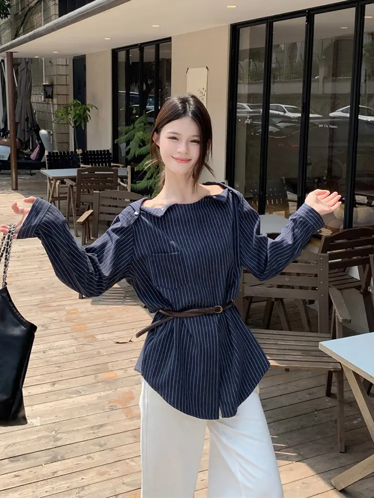 LANMREM Striped Shirts For Women Slash Neck Long Sleeves Pocket Shirt With Belt Female Fashion Streetwear Clothes New 2DM0002