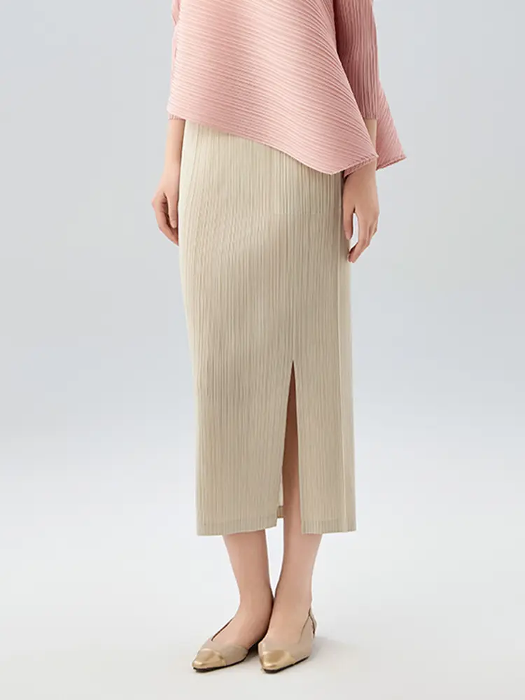LANMREM Pleated Straight A-line Skirt For Women 2025 Summer New Slim Fit  Slimming High Waist Skirts With Slit Elegant 2DB2832