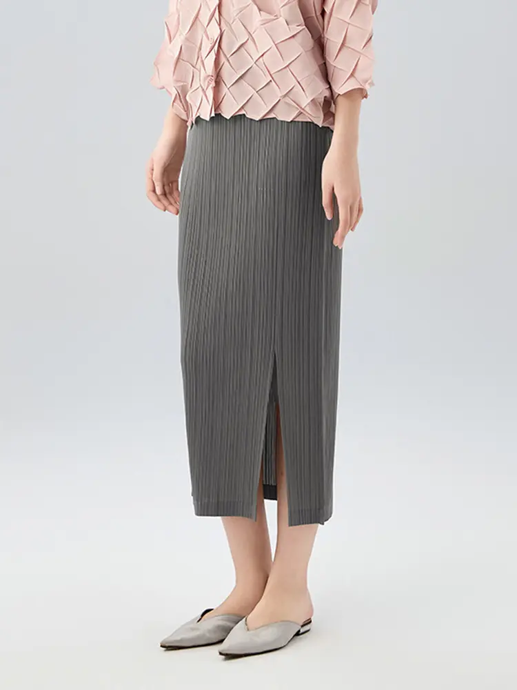 LANMREM Pleated Straight A-line Skirt For Women 2025 Summer New Slim Fit  Slimming High Waist Skirts With Slit Elegant 2DB2832