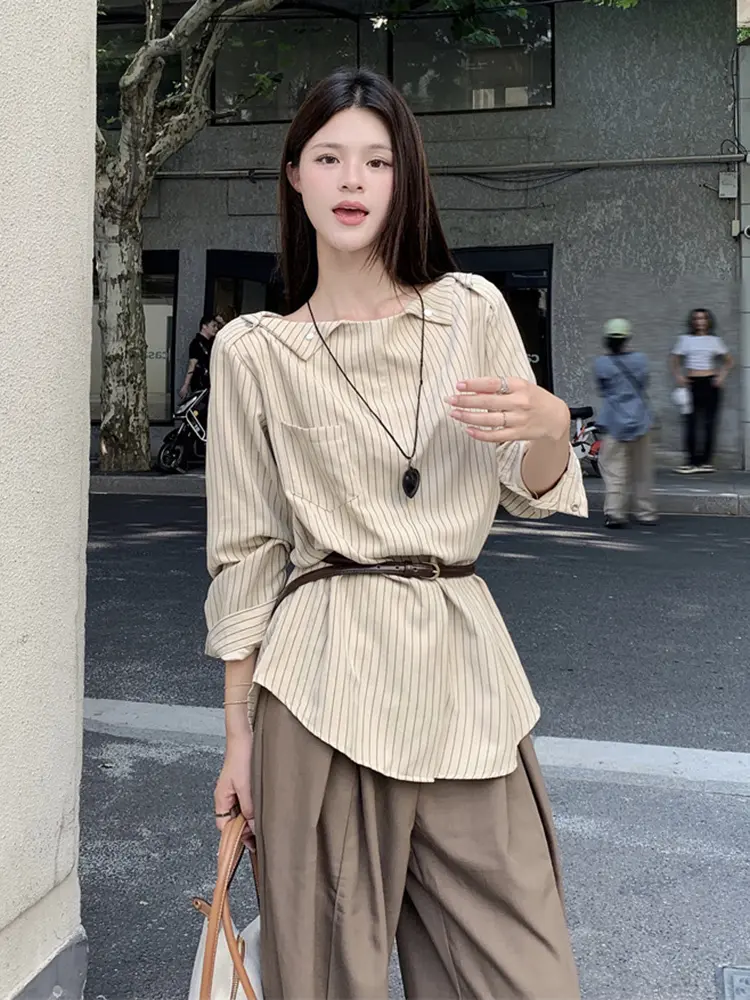 LANMREM Striped Shirts For Women Slash Neck Long Sleeves Pocket Shirt With Belt Female Fashion Streetwear Clothes New 2DM0002