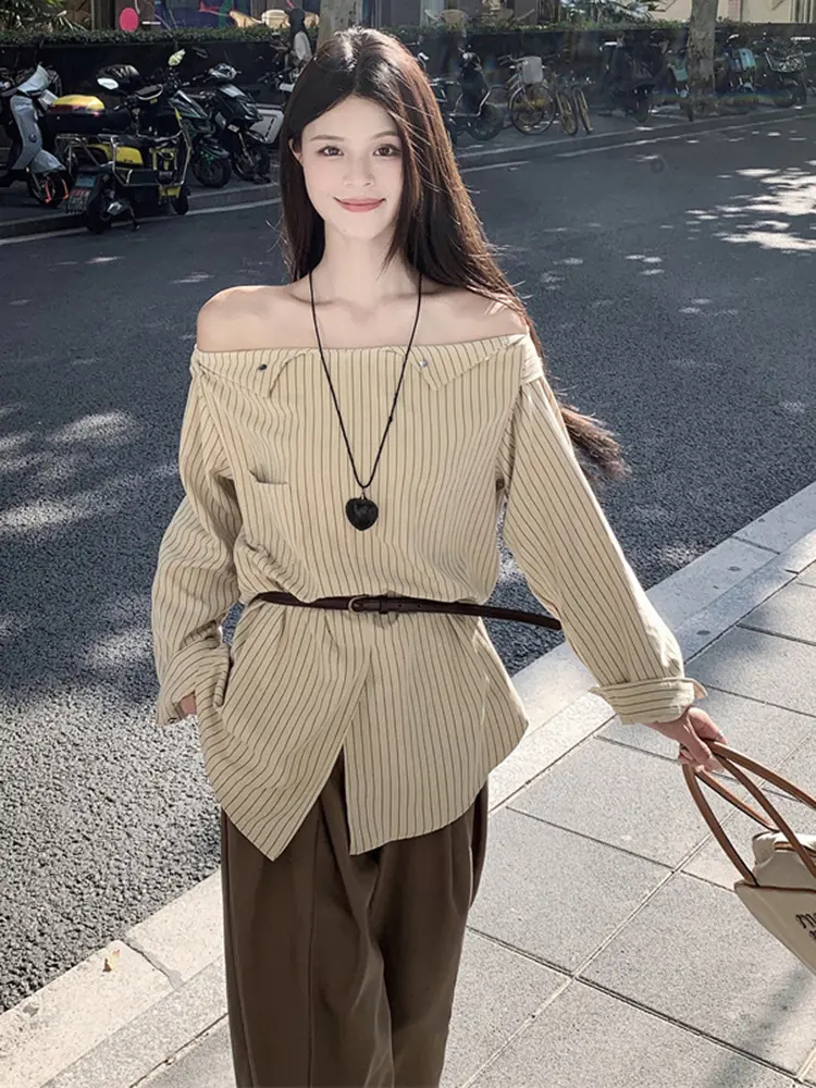 LANMREM Striped Shirts For Women Slash Neck Long Sleeves Pocket Shirt With Belt Female Fashion Streetwear Clothes New 2DM0002