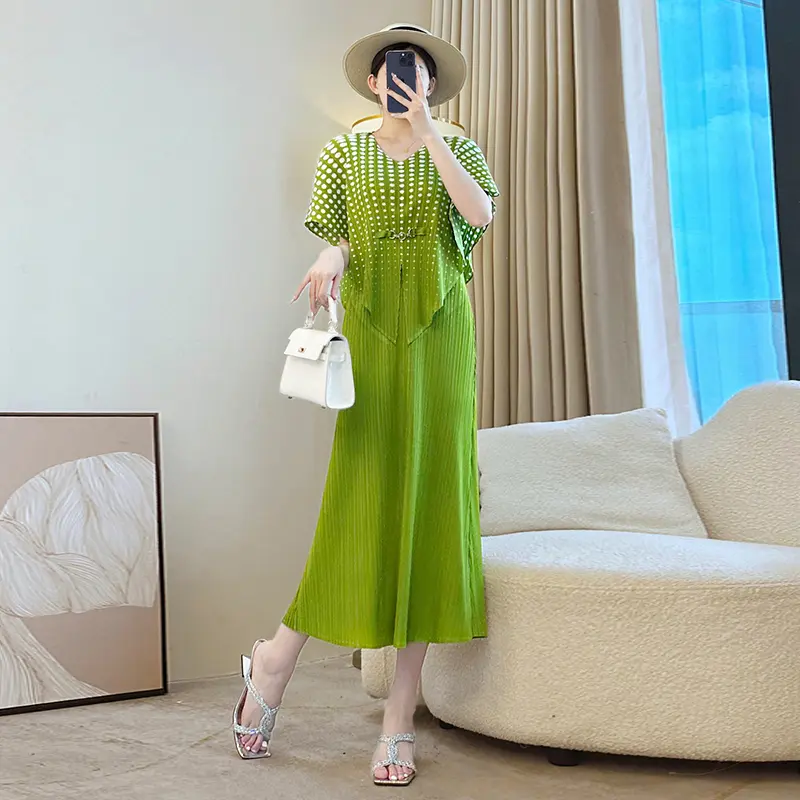 LANMREM Green Polka Dot Printting Women' Spleated Dress Elegant High-end Loose Bawting Sleeve Patchwork Summer Dresses 2DB3879