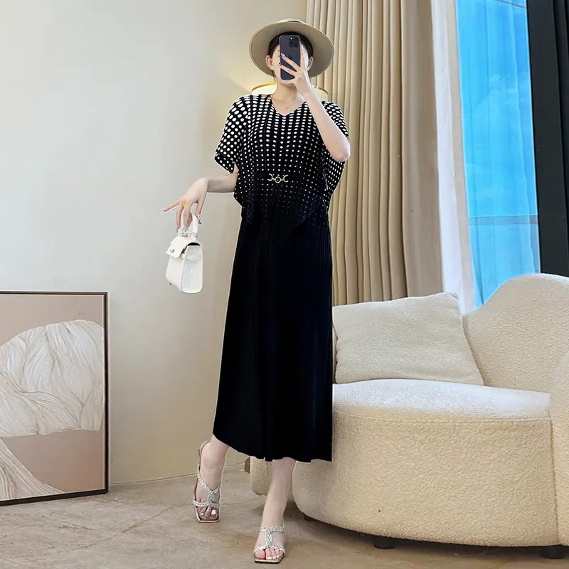 LANMREM Green Polka Dot Printting Women' Spleated Dress Elegant High-end Loose Bawting Sleeve Patchwork Summer Dresses 2DB3879
