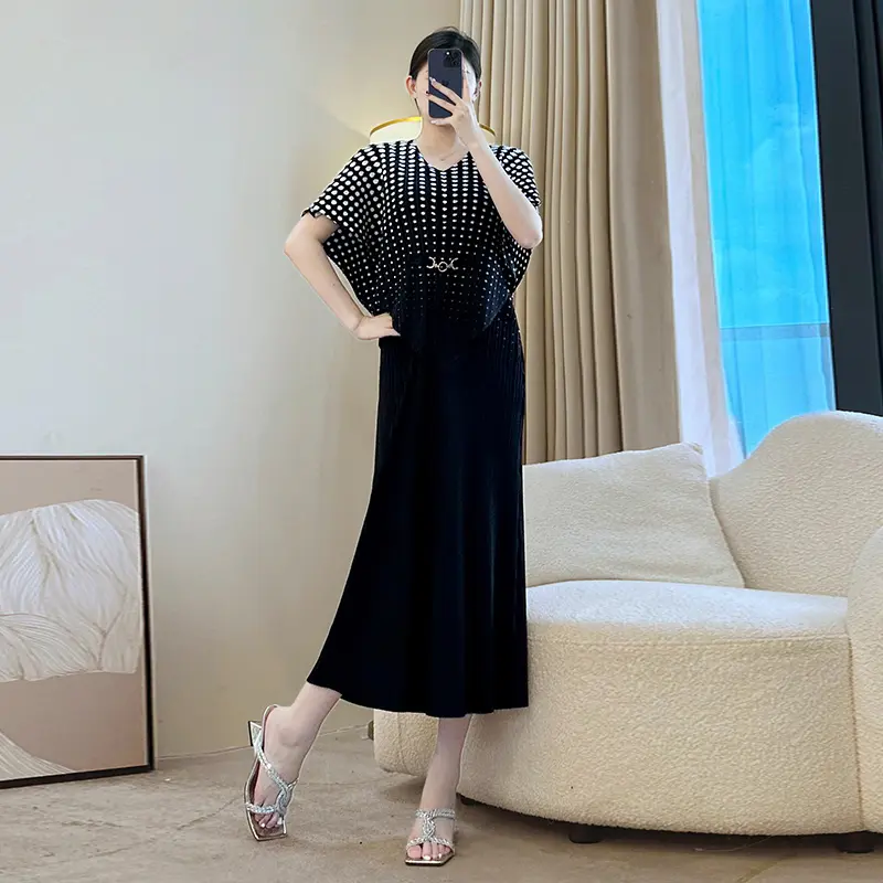 LANMREM Green Polka Dot Printting Women' Spleated Dress Elegant High-end Loose Bawting Sleeve Patchwork Summer Dresses 2DB3879