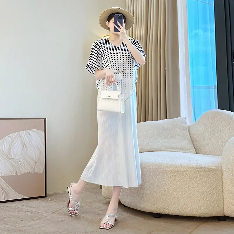 LANMREM Green Polka Dot Printting Women' Spleated Dress Elegant High-end Loose Bawting Sleeve Patchwork Summer Dresses 2DB3879