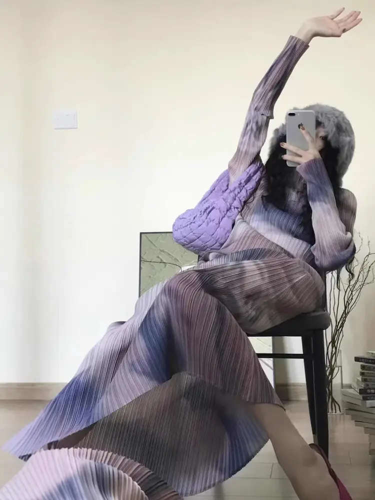 LANMREM Purple Mottling Design Pleated Women's Two Pieces Set Stand Collar Long Sleeve T-shirt And Skirts With Pockets 2DB3255