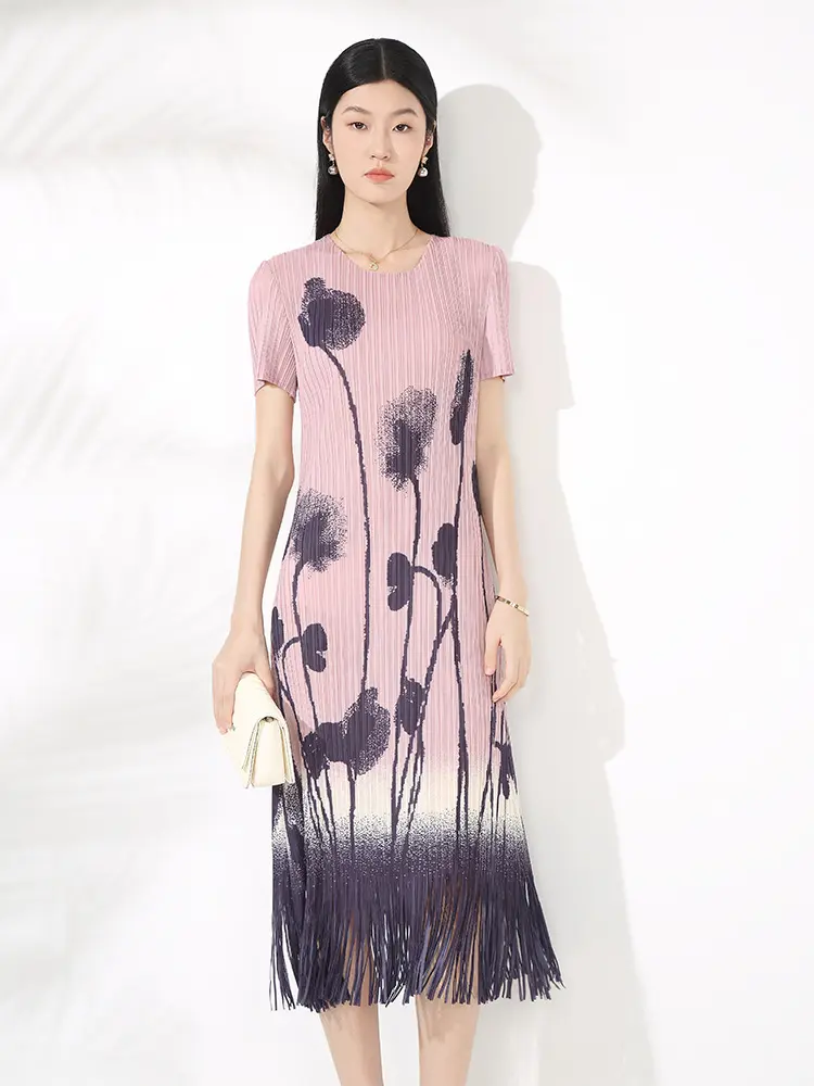 LANMREM Pleated Pink Printed Tassel Dress Women Fashion Design Round Neck Elegant Short Sleeve Mid-Length Dresses Summer 2DM1058