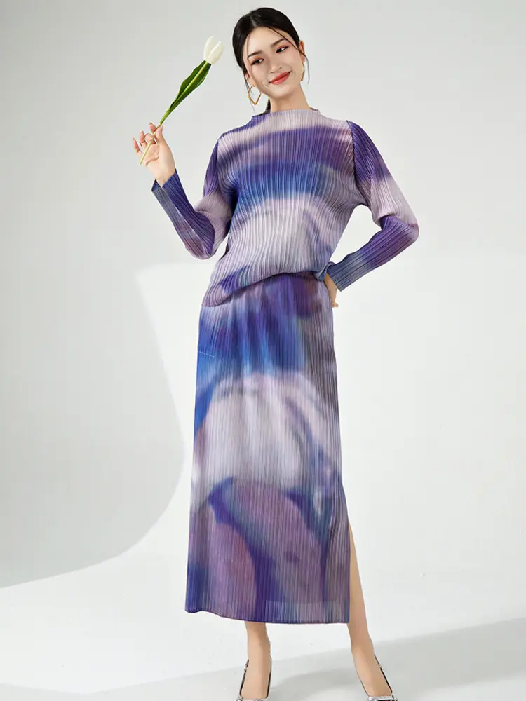 LANMREM Purple Mottling Design Pleated Women's Two Pieces Set Stand Collar Long Sleeve T-shirt And Skirts With Pockets 2DB3255