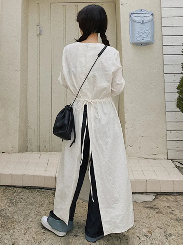 LANMREM Casual White Women's Dress Round Neck Split Design Bandage Gathered Waist Dresses Fashion 2024 Spring New 2AA5028