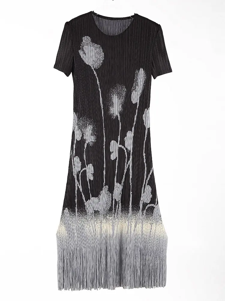 LANMREM Pleated Pink Printed Tassel Dress Women Fashion Design Round Neck Elegant Short Sleeve Mid-Length Dresses Summer 2DM1058