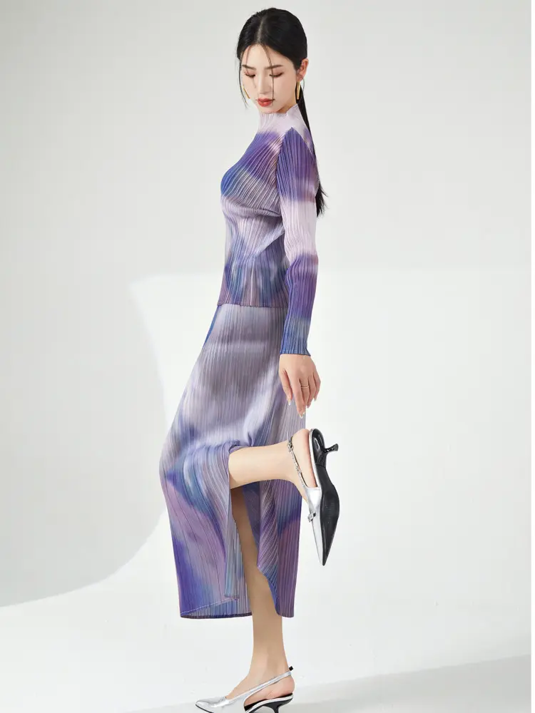LANMREM Purple Mottling Design Pleated Women's Two Pieces Set Stand Collar Long Sleeve T-shirt And Skirts With Pockets 2DB3255
