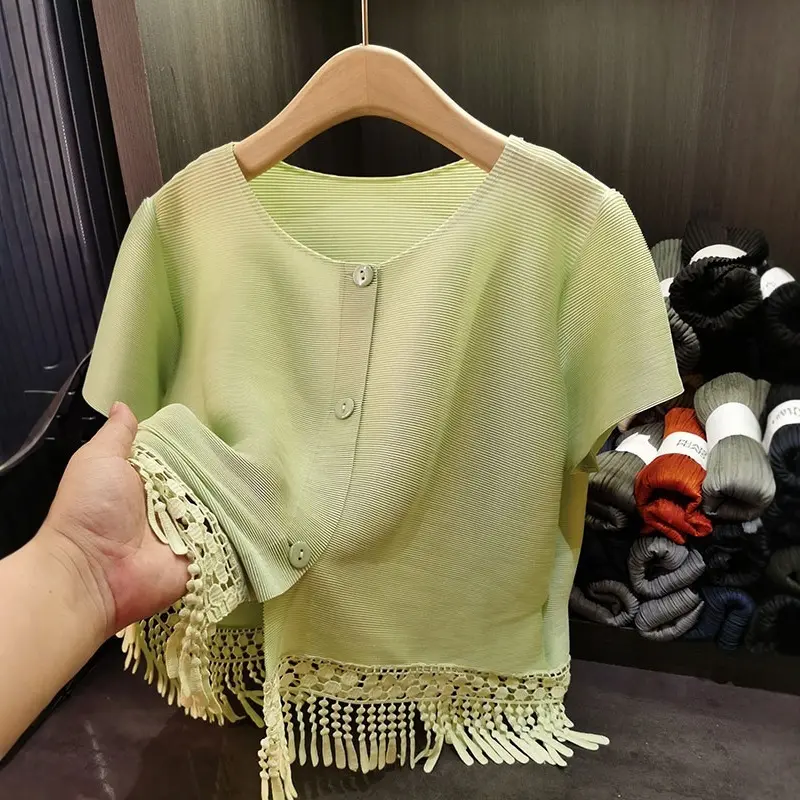 LANMREM Sweet Tassel Design Spliced Hem O-neck Short Jacket For Women Loose Simple Casual Short Sleeved Cardigan Top 2DB3293