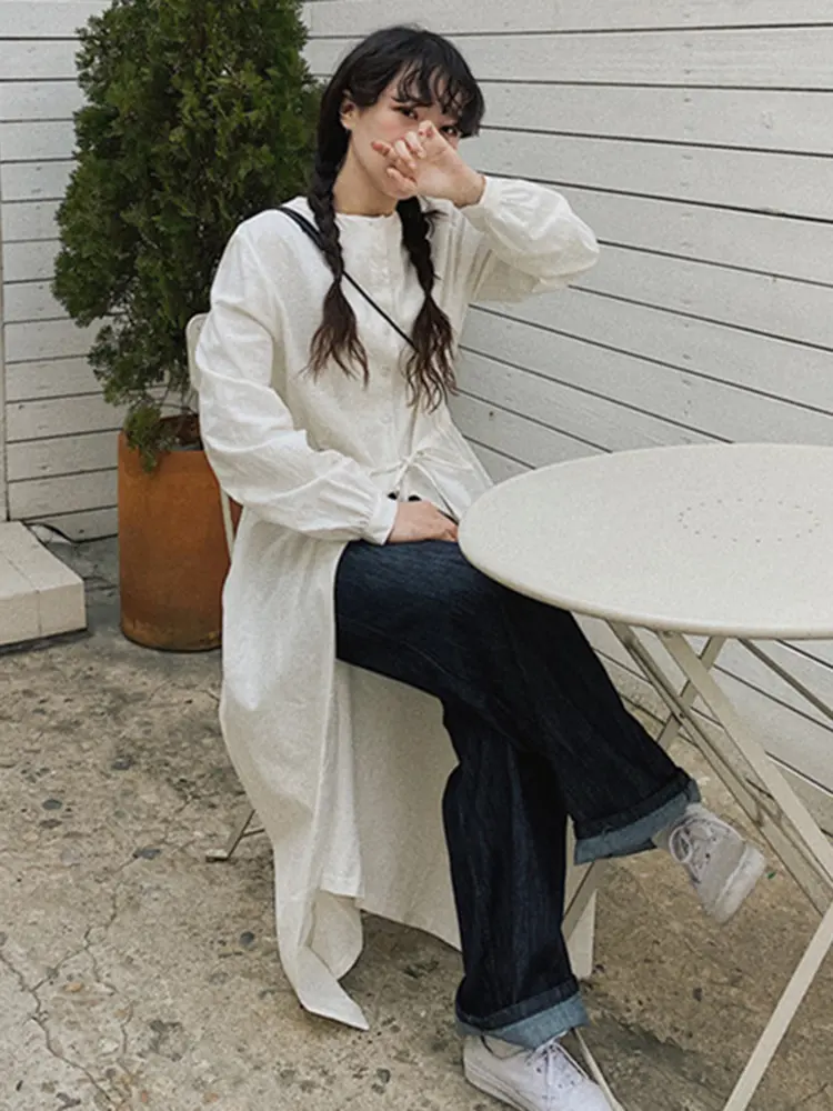 LANMREM Casual White Women's Dress Round Neck Split Design Bandage Gathered Waist Dresses Fashion 2024 Spring New 2AA5028