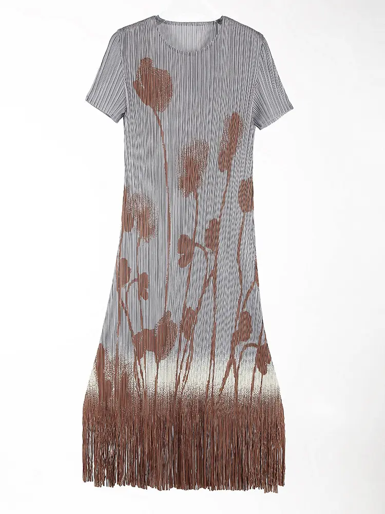 LANMREM Pleated Pink Printed Tassel Dress Women Fashion Design Round Neck Elegant Short Sleeve Mid-Length Dresses Summer 2DM1058