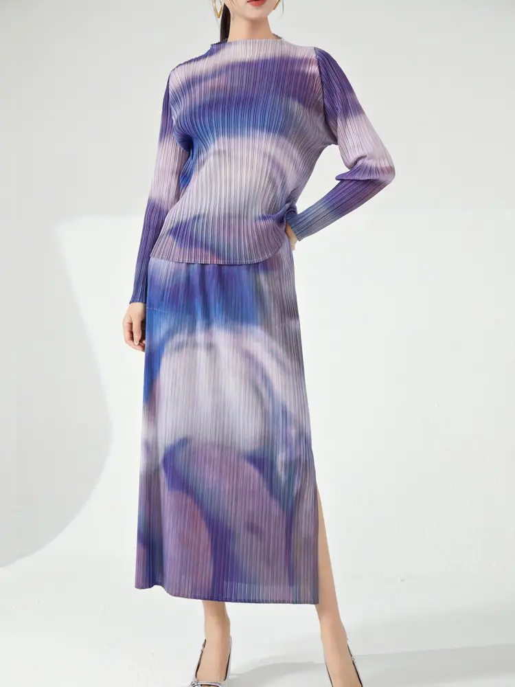 LANMREM Purple Mottling Design Pleated Women's Two Pieces Set Stand Collar Long Sleeve T-shirt And Skirts With Pockets 2DB3255