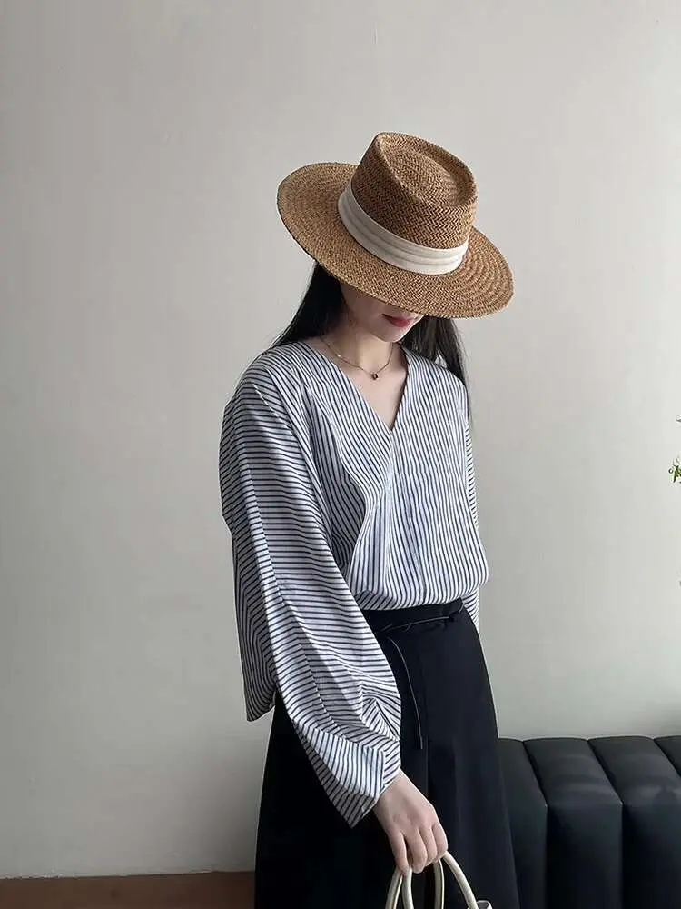 LANMREM French V-neck Shirt Women's Temperament Vertical Stripe Loose Casual Pullover Top Fold Cuff Deisng Blouse 2025 New 2696