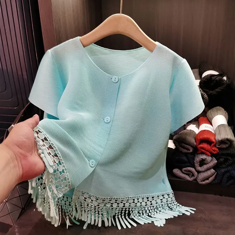LANMREM Sweet Tassel Design Spliced Hem O-neck Short Jacket For Women Loose Simple Casual Short Sleeved Cardigan Top 2DB3293