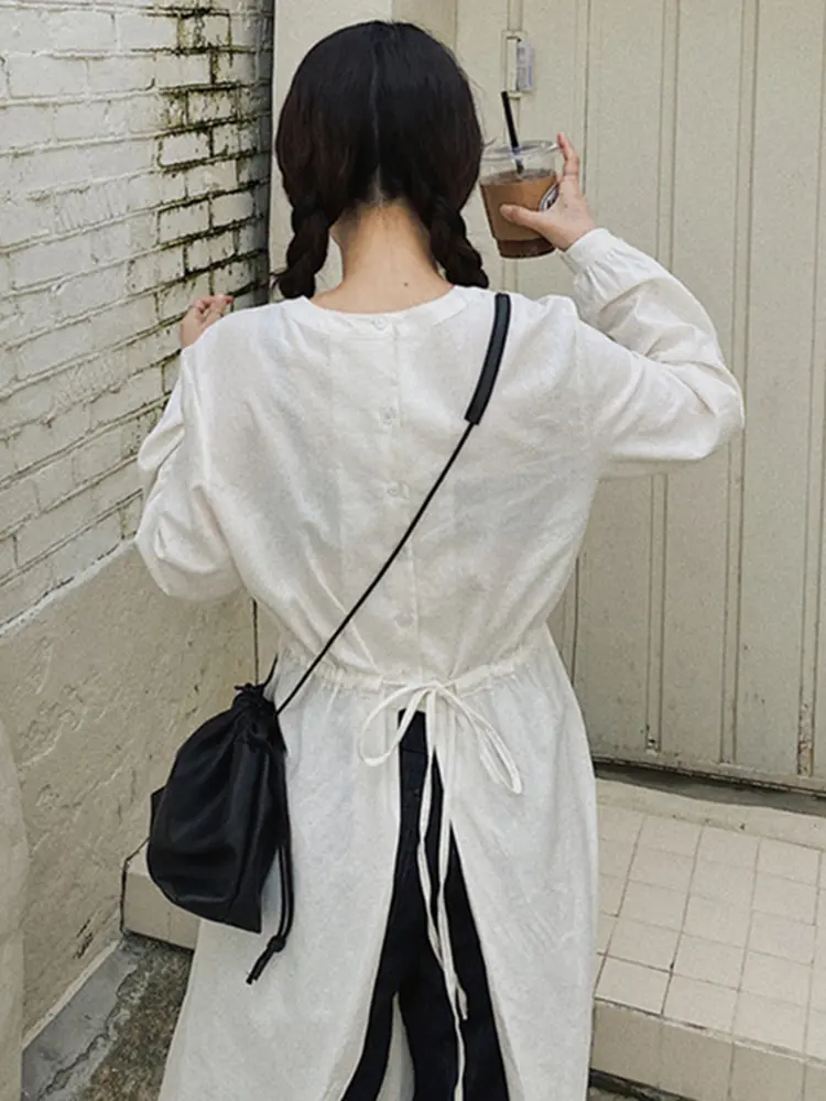 LANMREM Casual White Women's Dress Round Neck Split Design Bandage Gathered Waist Dresses Fashion 2024 Spring New 2AA5028