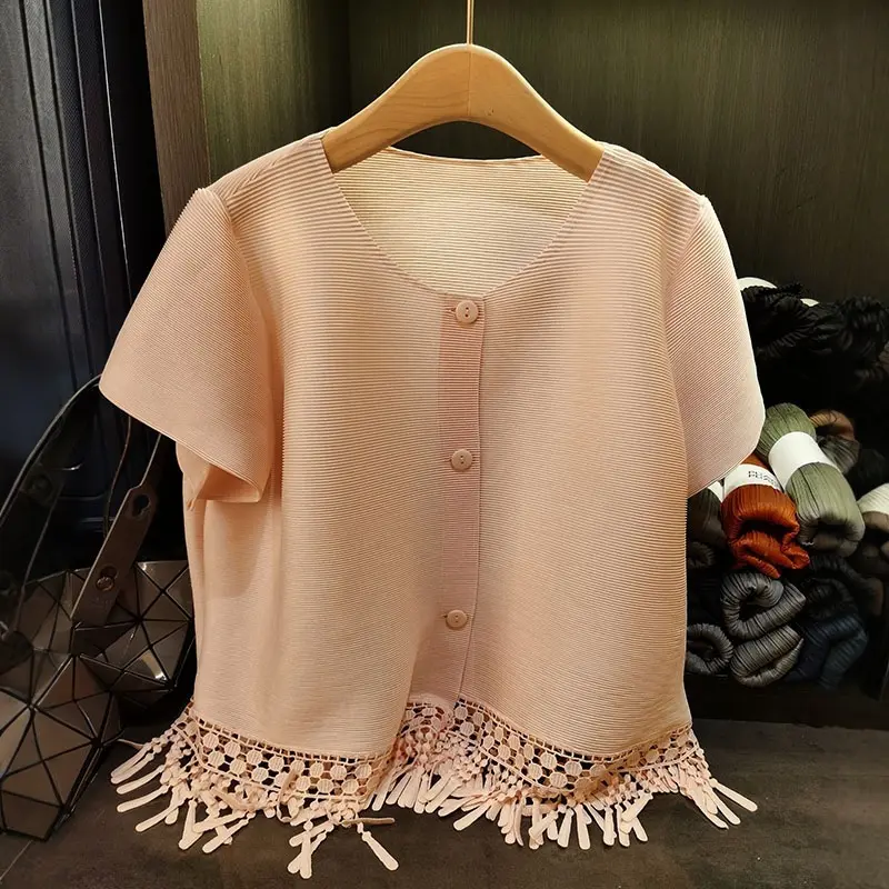 LANMREM Sweet Tassel Design Spliced Hem O-neck Short Jacket For Women Loose Simple Casual Short Sleeved Cardigan Top 2DB3293