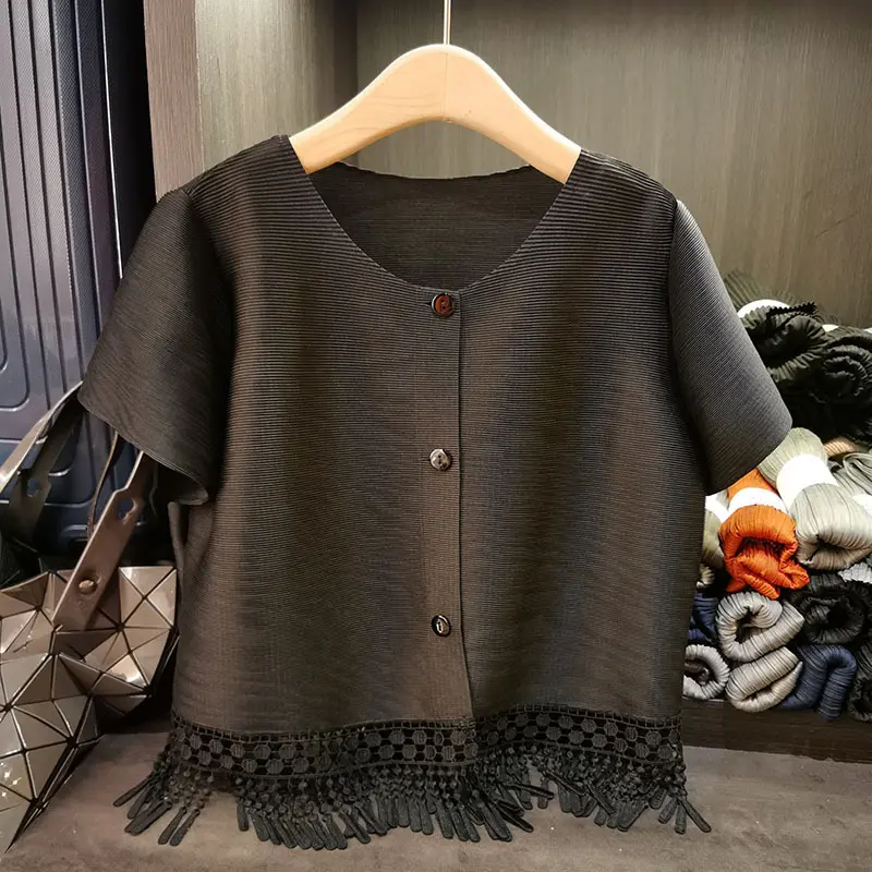 LANMREM Sweet Tassel Design Spliced Hem O-neck Short Jacket For Women Loose Simple Casual Short Sleeved Cardigan Top 2DB3293
