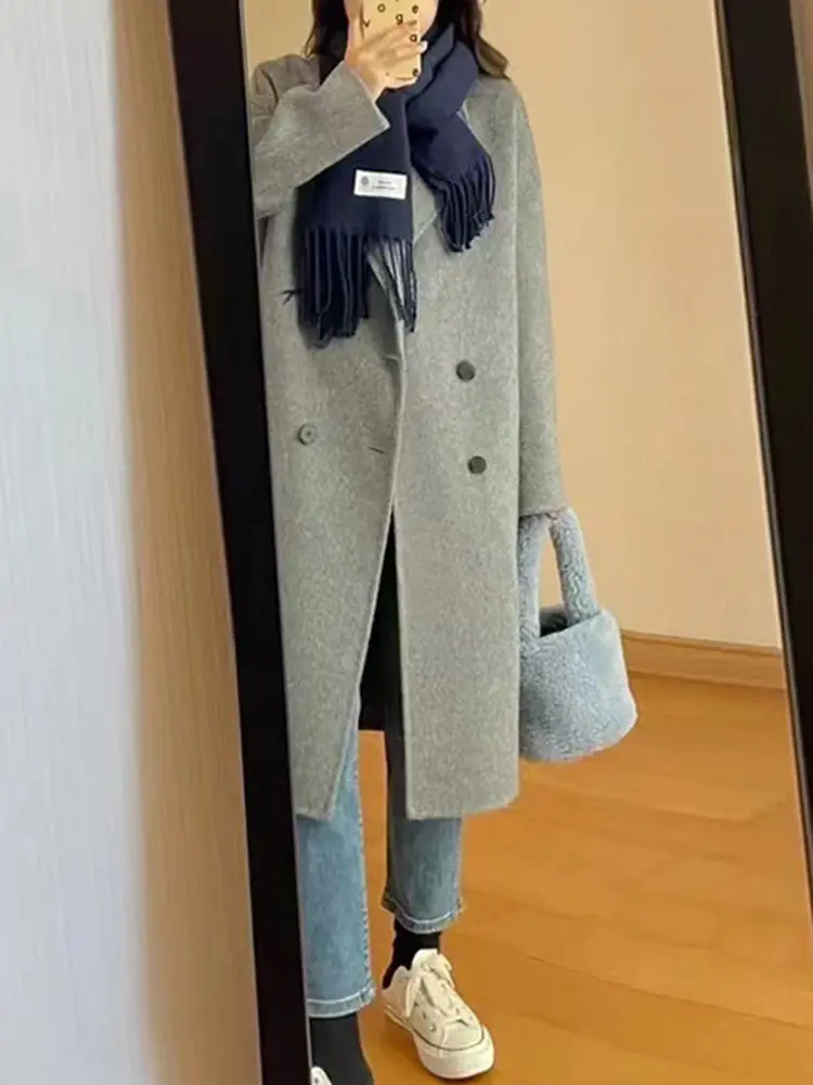LANMREM Korean Style Long Wool Coat Women Notched Collar Double Breasted Solid Color Clothing Fashion 2024 Winter New 2AA3571