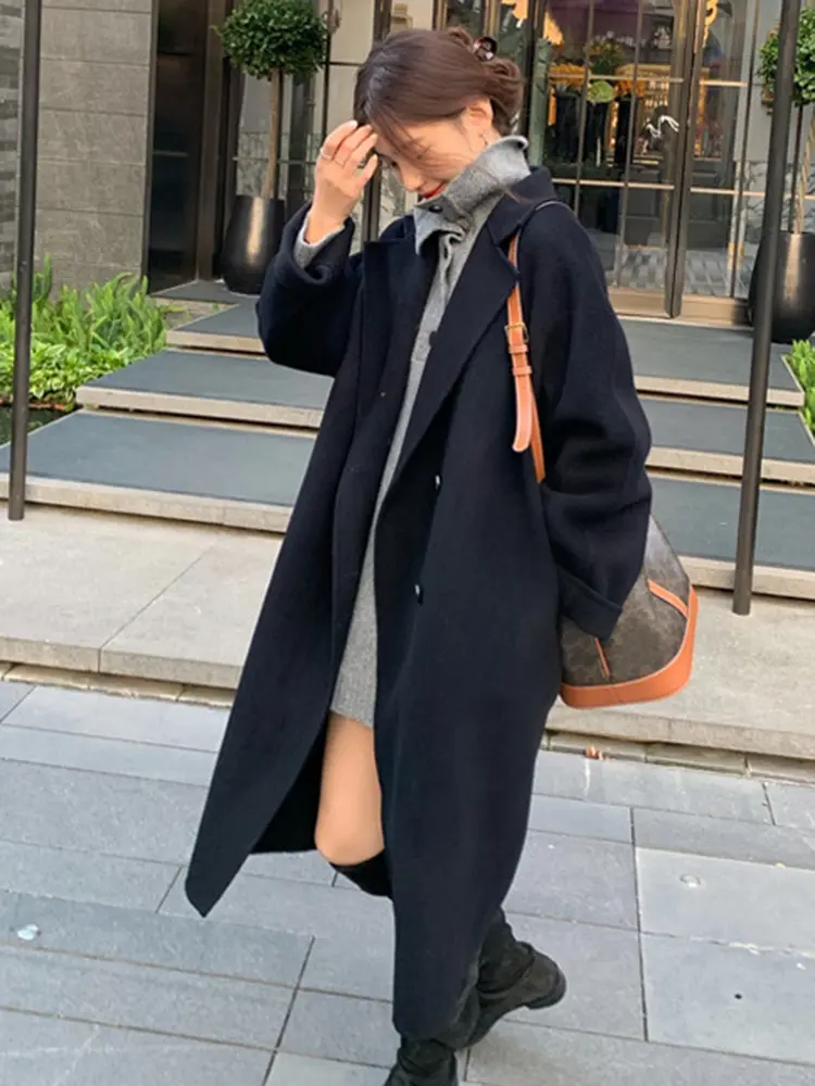 LANMREM Korean Style Long Wool Coat Women Notched Collar Double Breasted Solid Color Clothing Fashion 2024 Winter New 2AA3571