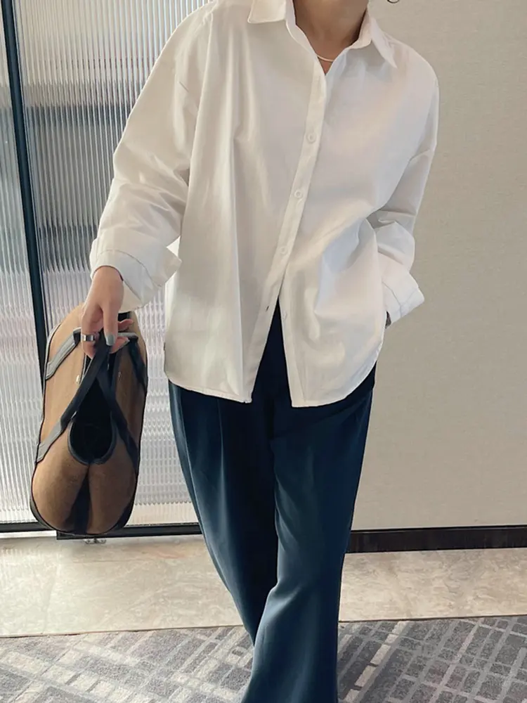 LANMREM Solid Color Simple Long Sleeved Shirt Women's Top 2025 New Loose Versatile Korean Trendy Single Breasted Blouse  2DB3250