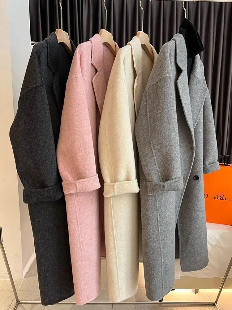 LANMREM Korean Style Long Wool Coat Women Notched Collar Double Breasted Solid Color Clothing Fashion 2024 Winter New 2AA3571