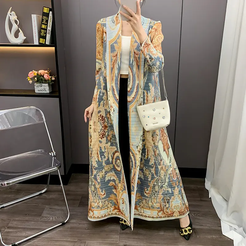 LANMREM Yellow Women's Pleated Robe 2025 New Fashionable Stylish Versatile Printting Elastic Loose Cardigan Trench Coat 2DB3938