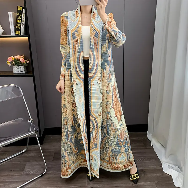 LANMREM Yellow Women's Pleated Robe 2025 New Fashionable Stylish Versatile Printting Elastic Loose Cardigan Trench Coat 2DB3938