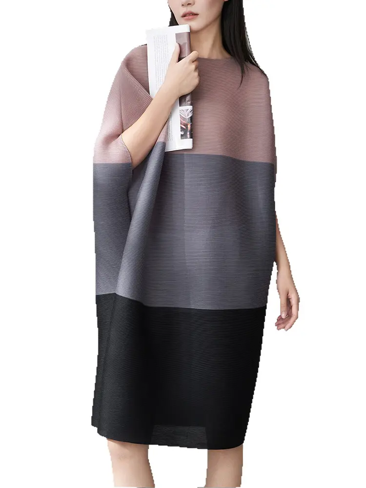 LANMREM Color Block Dress For Women 2025 Summer New Loose Large Size Pleated Midi Dresses Female Casual Clothes 2DM1029