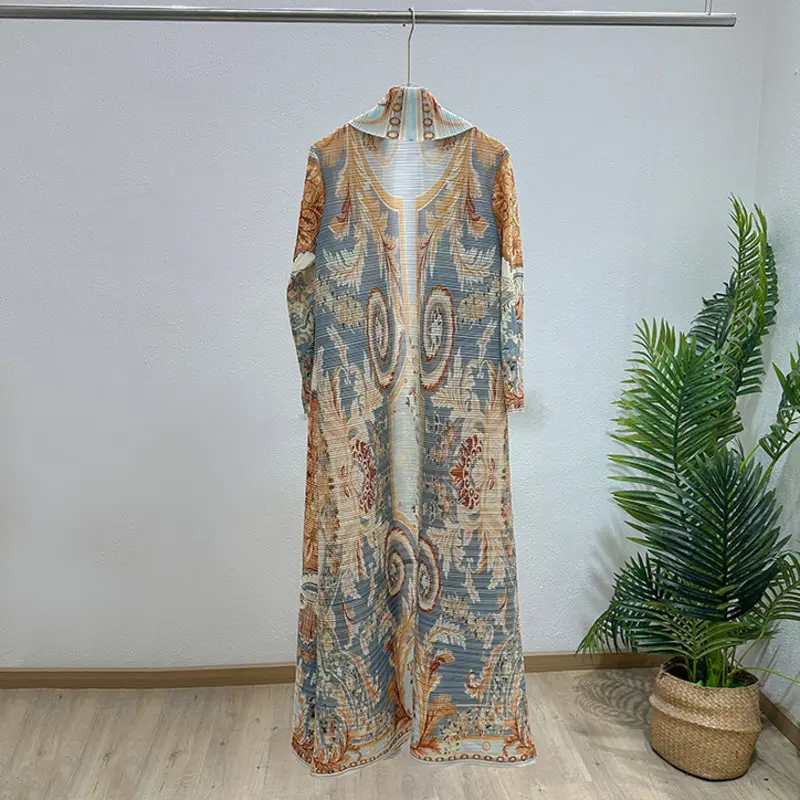 LANMREM Yellow Women's Pleated Robe 2025 New Fashionable Stylish Versatile Printting Elastic Loose Cardigan Trench Coat 2DB3938