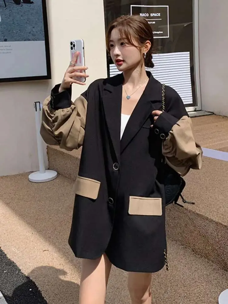 LANMREM Patchwork Blazers For Women Stitching Color Notched Single Breasted Chic Coats Female Fashion Clothes 2025 Spring 2R4507
