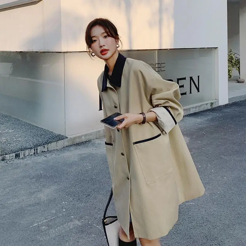 LANMREM Korean Trendy Khaki Trench Coat For Women Colorblock Turn Down Collar Single Breasted Mid-Length Windbreaker 2DB3750