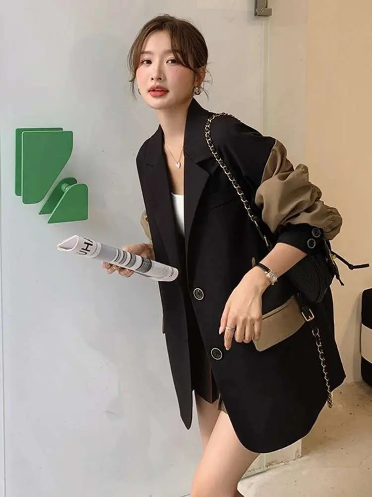 LANMREM Patchwork Blazers For Women Stitching Color Notched Single Breasted Chic Coats Female Fashion Clothes 2025 Spring 2R4507