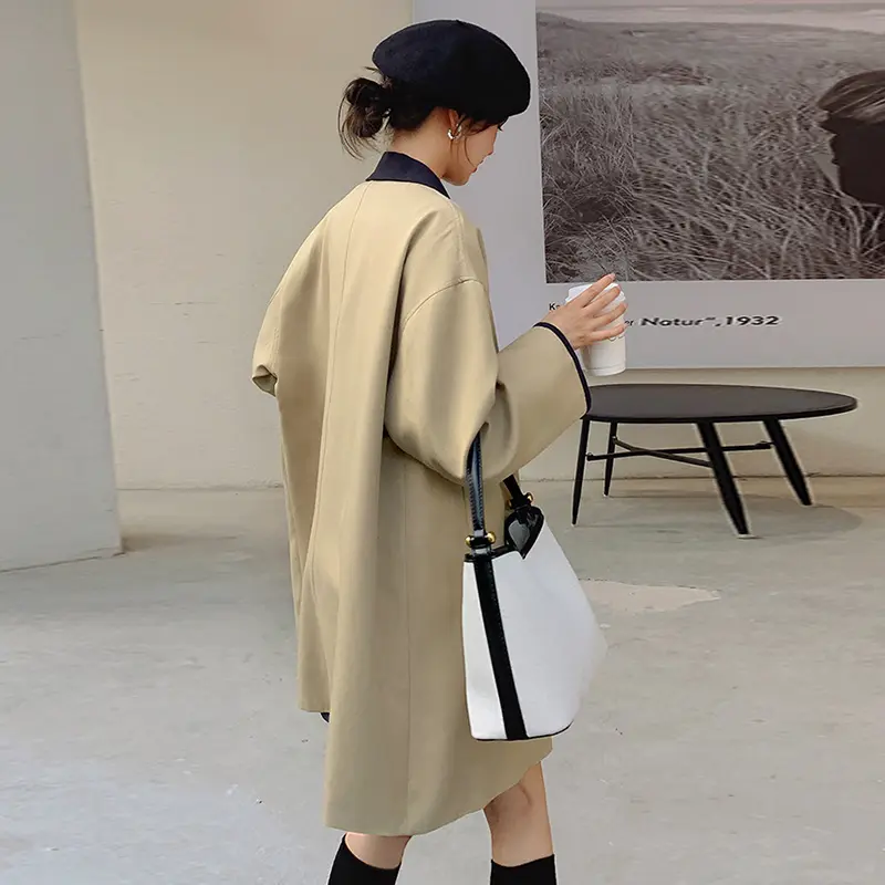 LANMREM Korean Trendy Khaki Trench Coat For Women Colorblock Turn Down Collar Single Breasted Mid-Length Windbreaker 2DB3750